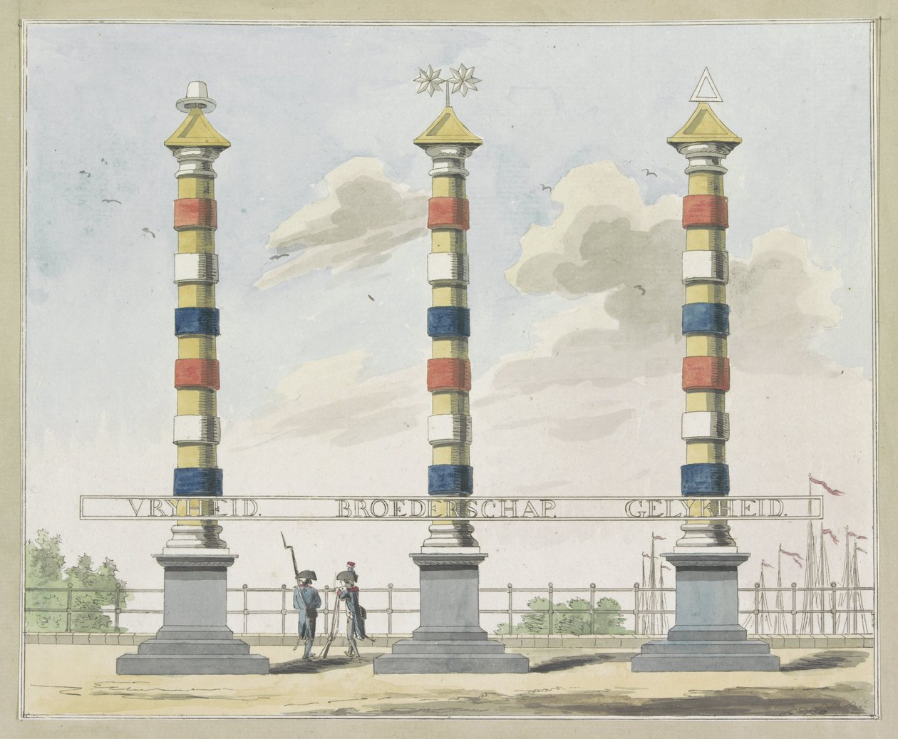 Vrijheid, Broederschap en Gelijkheid, decoratie op de Hogesluis, 1795 door A. Verkerk