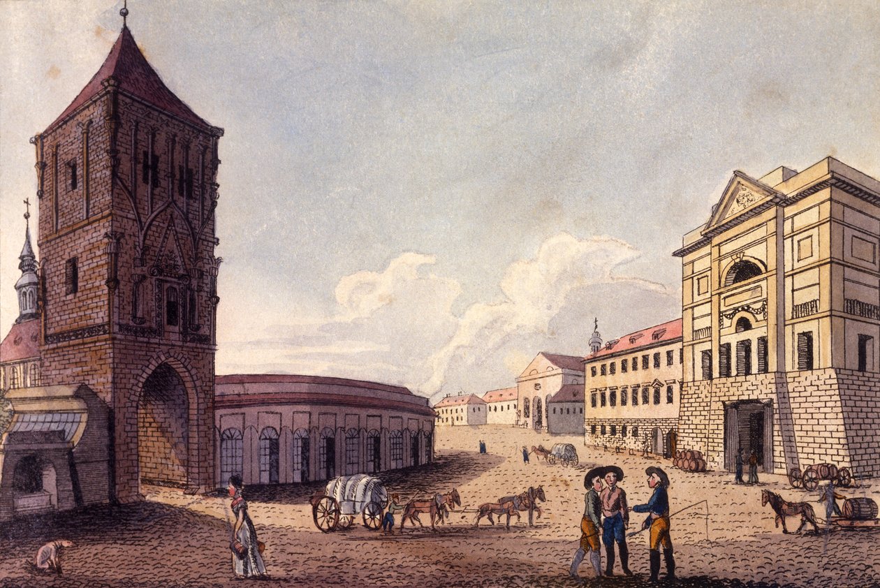 Poedertoren en Hybern Douanehuis, Praag, c.1810 door A. and Berka, Johann Gustav