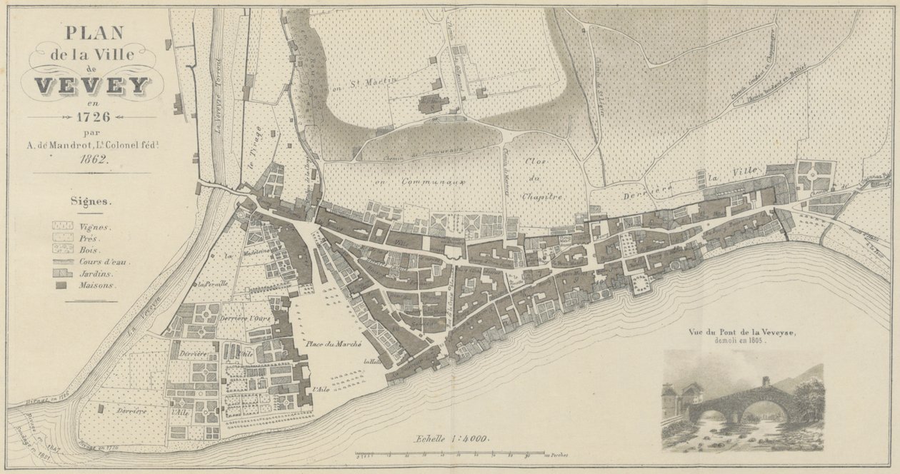 Plan van de stad Vevey in 1726 door A. de Mandrot