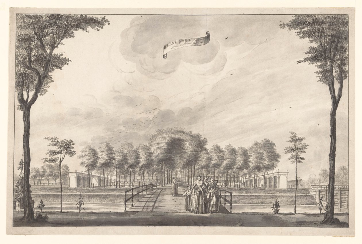 Gezicht op achterzijde landhuis Weltevreden door A. de Nelly (possibly)