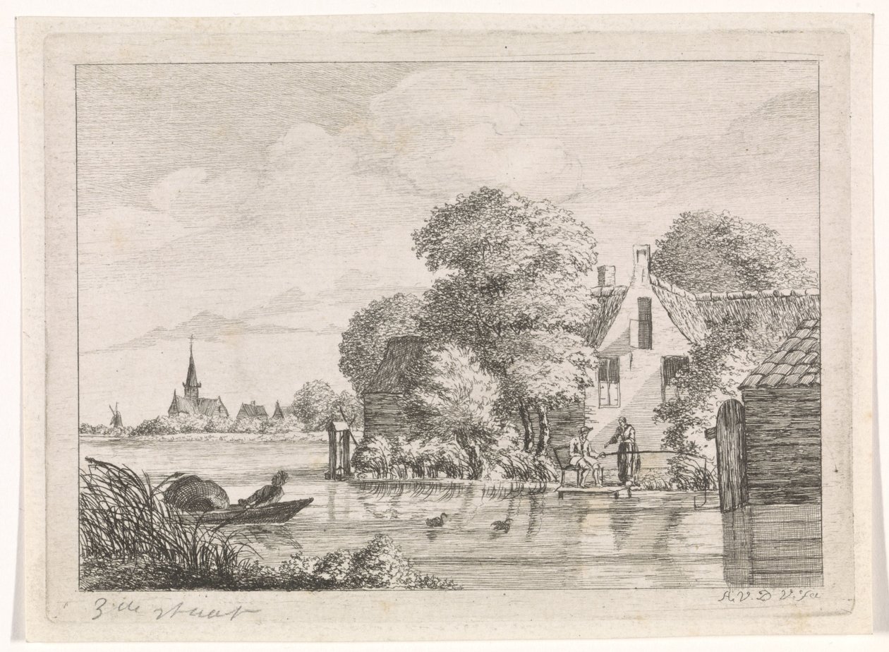 Hengelaar en een vrouw voor een huis door A. van de Velde