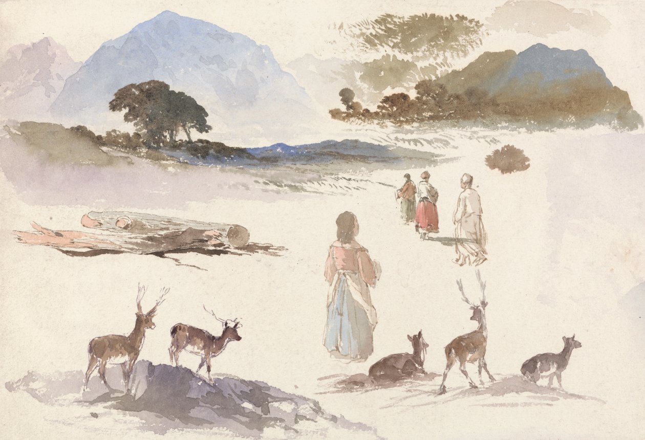 Blad met studies van herten, figuren en landschap door Aaron Edwin Penley