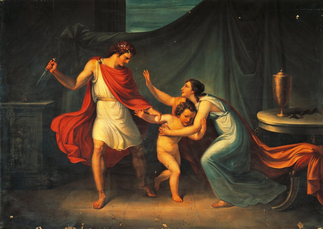 Pyrrhus bedreigt het leven van kleine Astyanax door Abbondio Bagutti