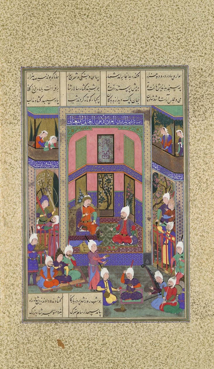 Manuchihr verwelkomt Sam maar beveelt oorlog tegen Mihrab, Folio 80v uit de Shahnama, ca. 1525 door 