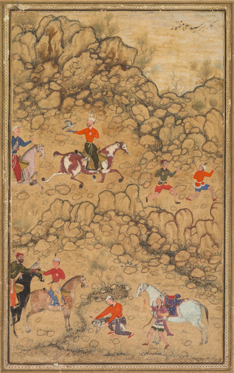 Jagen met valken in een landschap, Verso: Kalligrafie van Chaghatai Turkse gedichten..., ca. 1558-60 door Abd al Samad