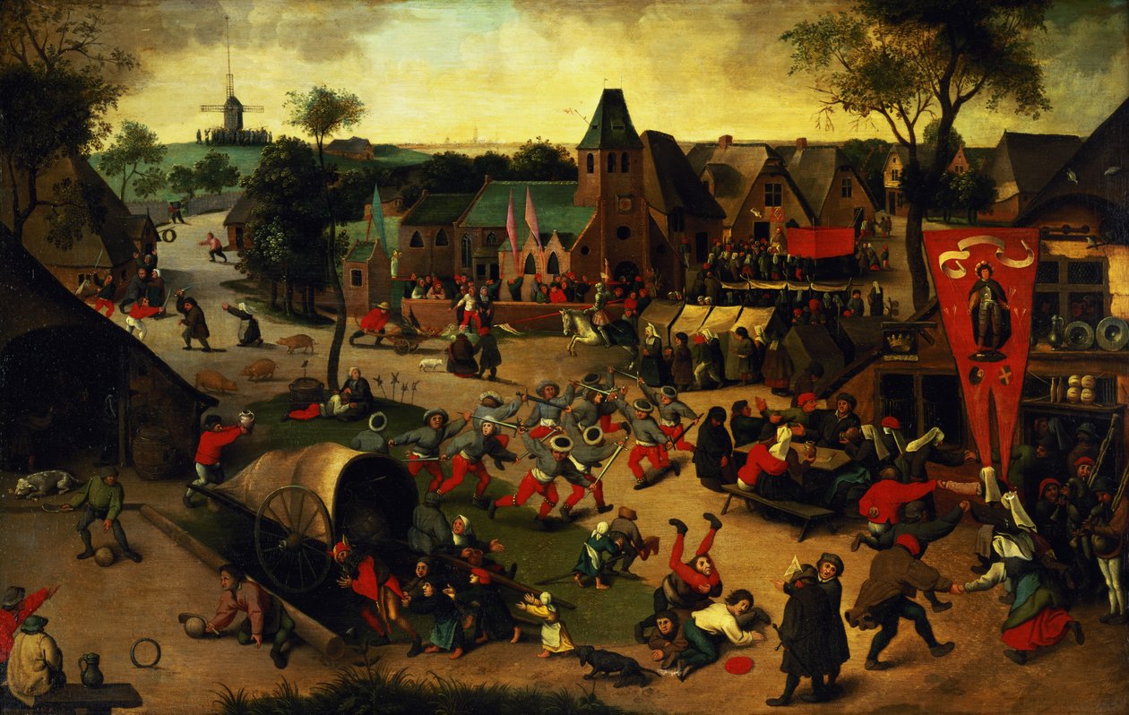 Een carnaval op de feestdag van St. George in een dorp nabij Antwerpen door Abel Grimmer or Grimer