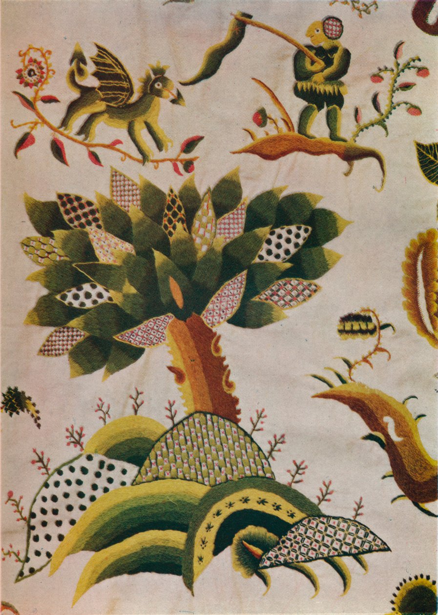 Detail van Engels Crewel Werk Bedgordijn door Abigail Pett