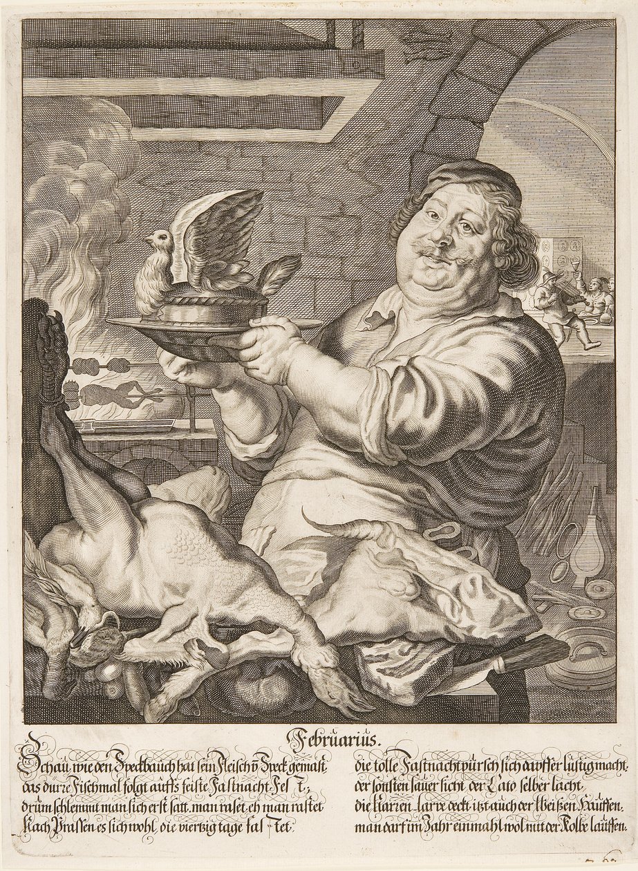Kupferstich Februarius uit de serie De twaalf maanden van het jaar van Abraham Aubry door Abraham Aubry