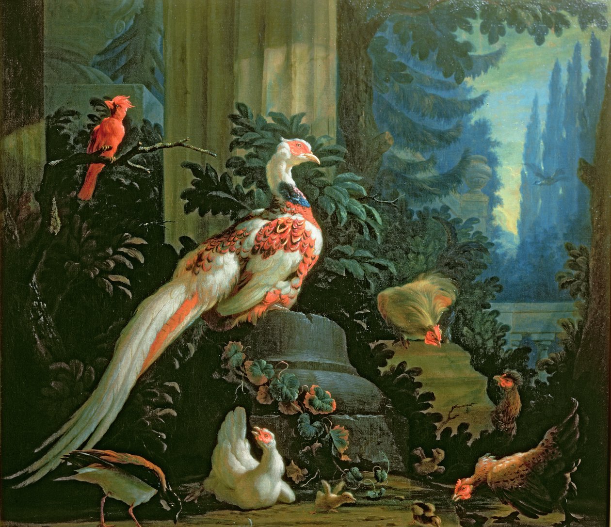 Een witte fazant, een rode kardinaal en gevogelte in een landschap door Abraham Bisschop