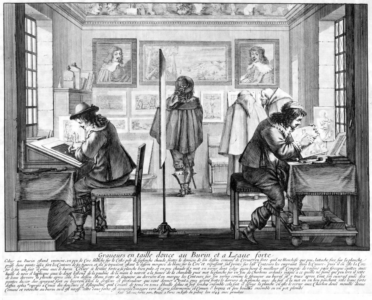 Plaatsnijders aan het werk met galerij op de achtergrond, 1643 door Abraham Bosse