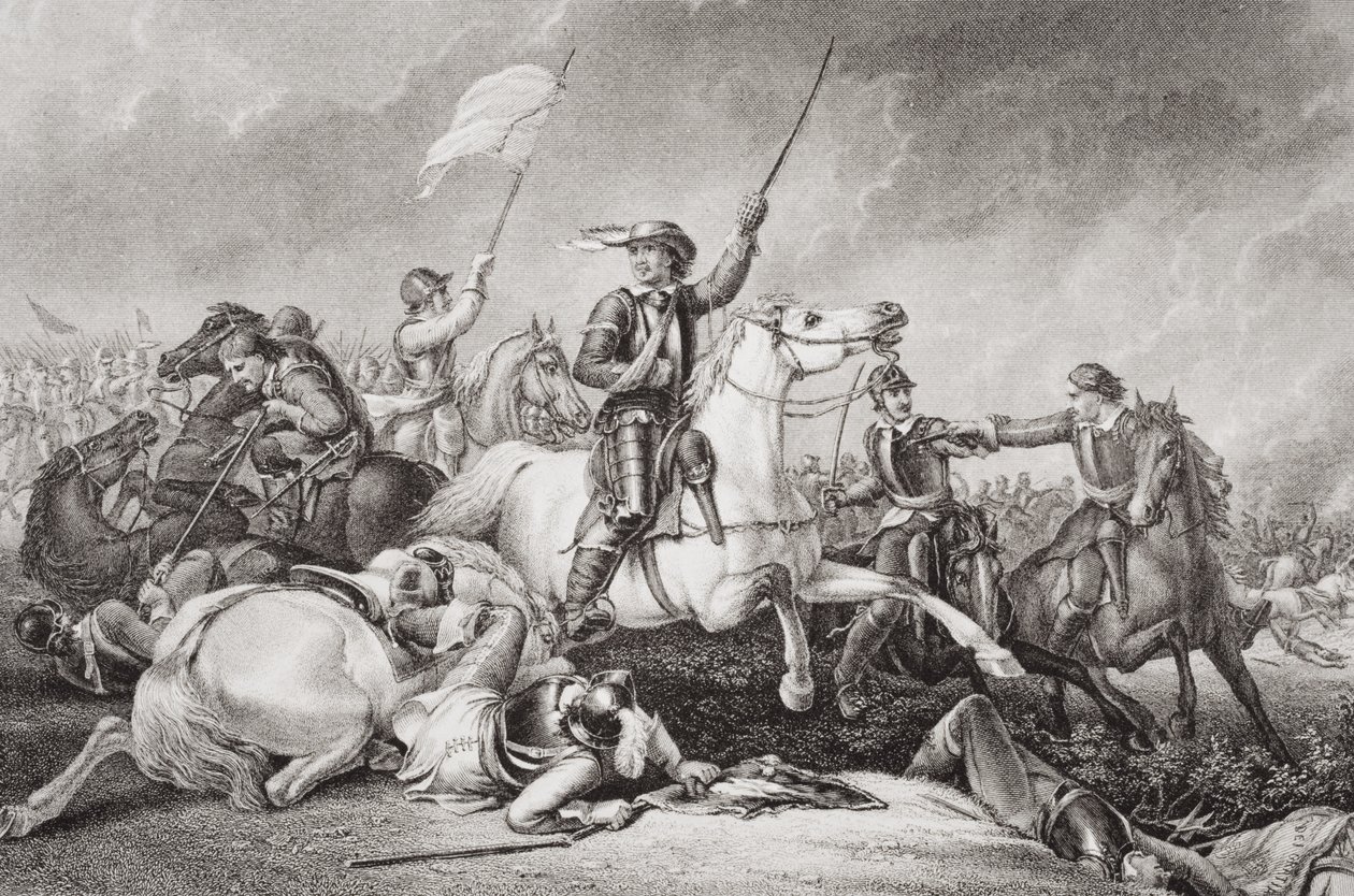 Cromwell leidt een aanval na gewond te zijn aan zijn rechterarm in de Slag bij Marston Moor, 2 juli 1644, uit 