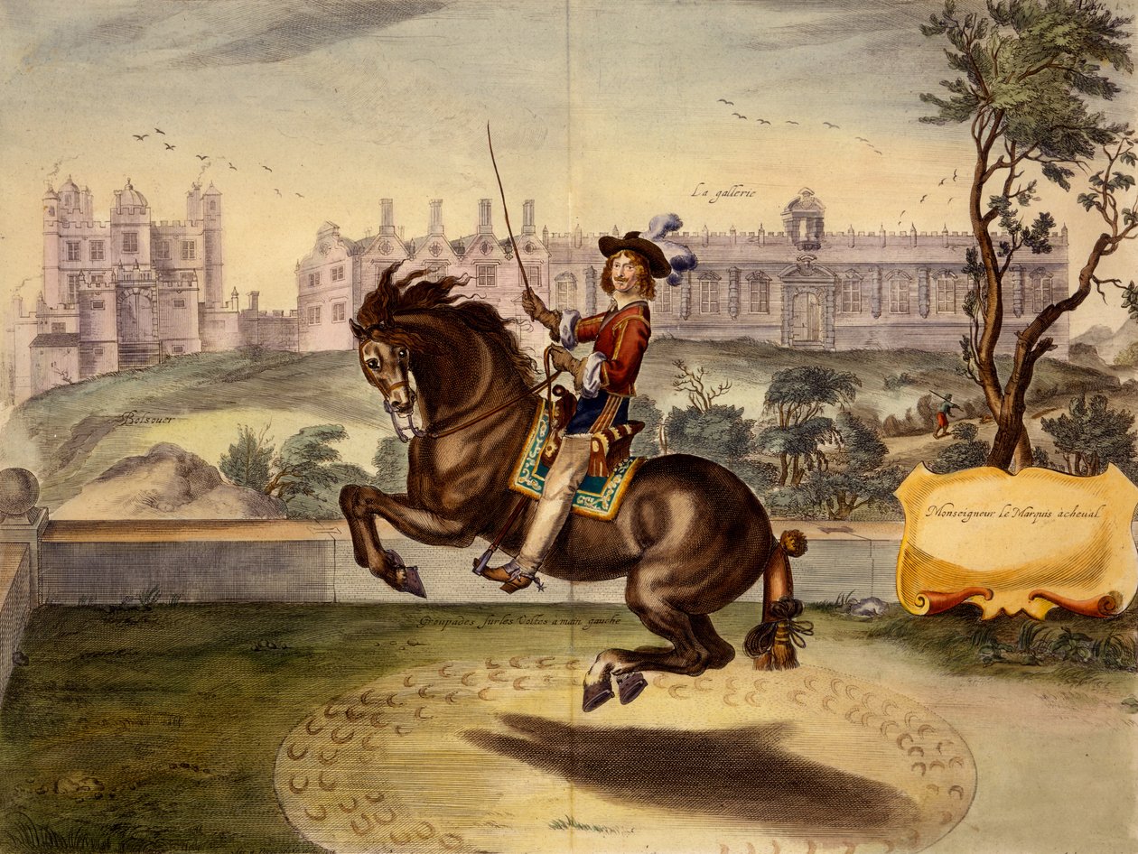 Cavendish voert een volte uit, met Bolsover Castle en zijn manegeblok op de achtergrond, uit The Method and New Invention of Dressing Horses door William Cavendish, gepubliceerd 1737 (2e editie) door Abraham van Diepenbeeck
