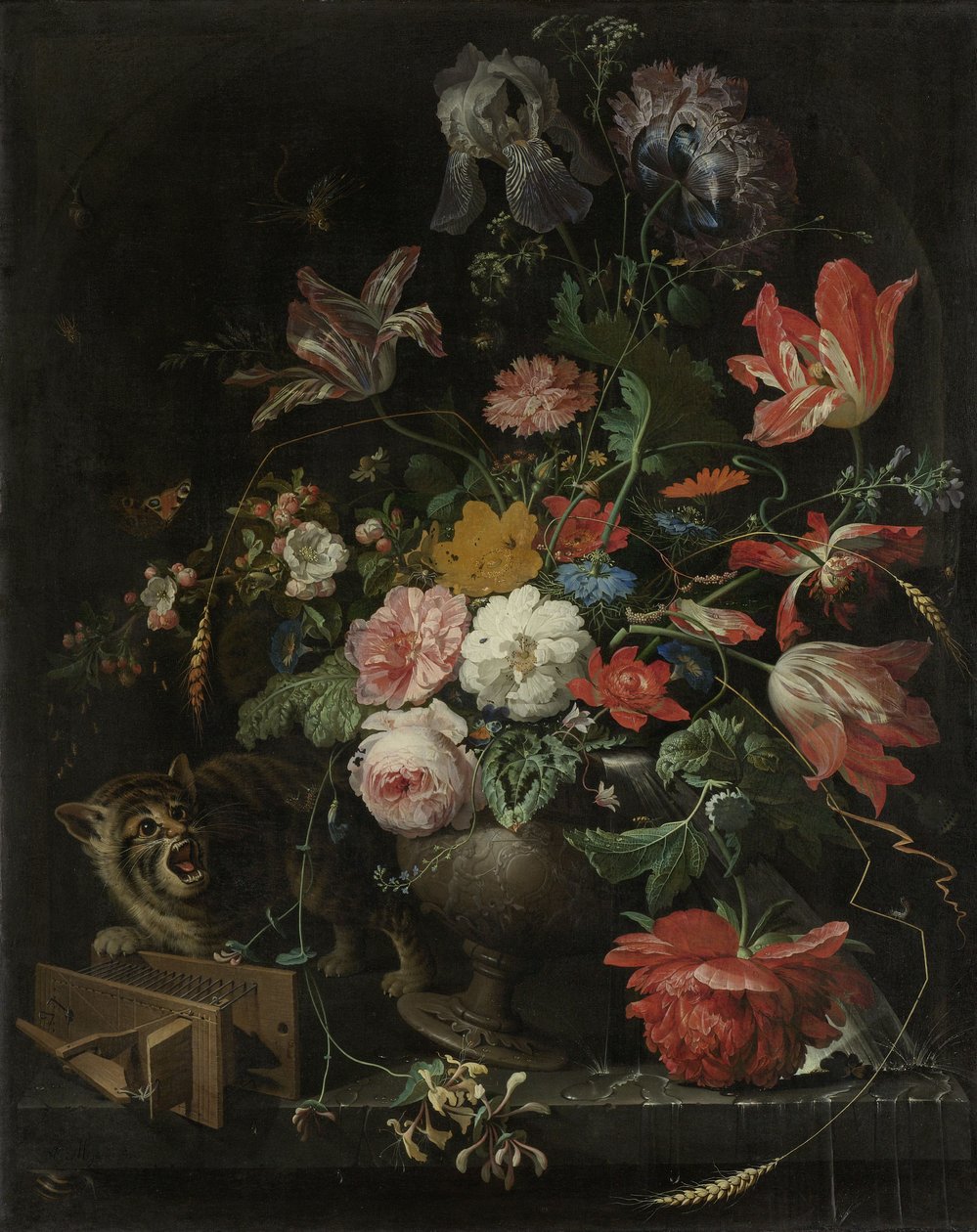 Bloemenstilleven met kat en muizenval door Abraham Mignon