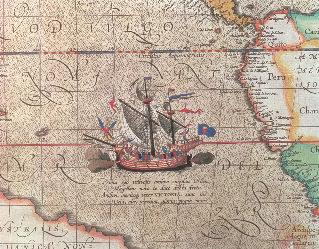 Een zeilschip dat zijn kanon afvuurt, detail van een kaart van de Stille Oceaan, China en Amerika, 1599 door Abraham Ortelius