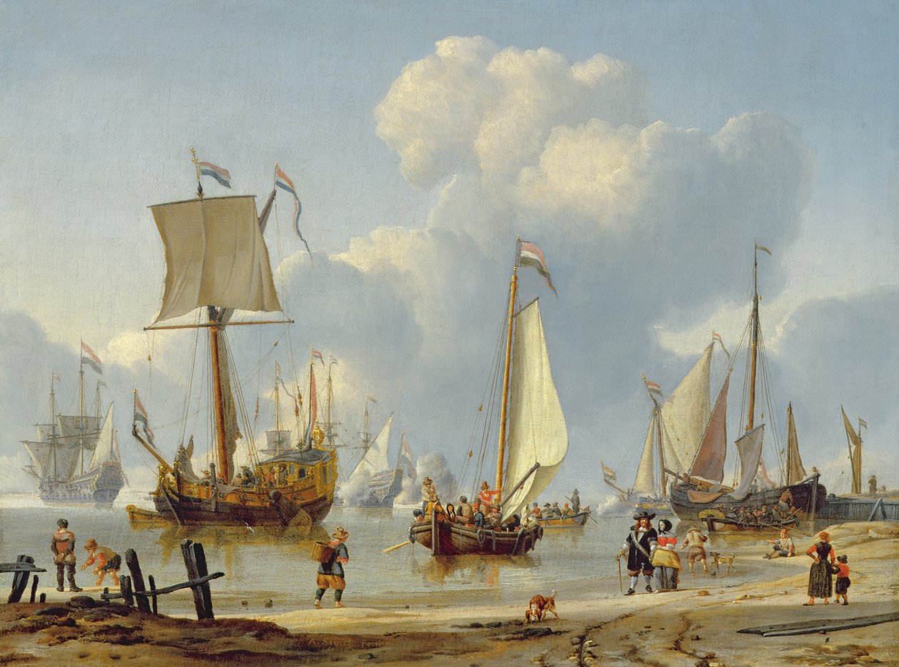 Schepen in kalm water met figuren aan de kust door Abraham Storck