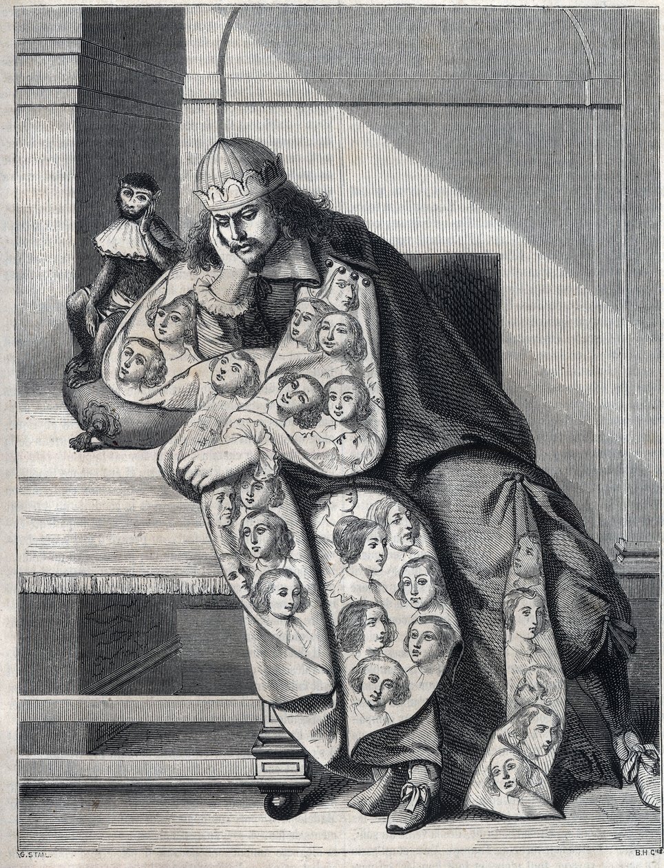 De man vol boosaardigheid: een man met een dubbele jas van vrouwenhoofden mediteert met een aap aan zijn zijde. Reproductie van een prent door Abraham Bosse (1604-1676). door Abraham (after) Bosse