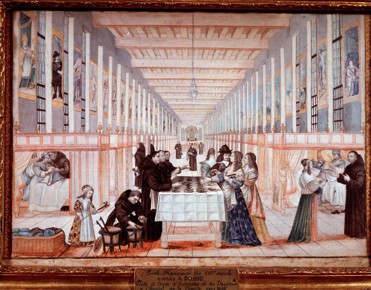 Bezoek van Anna van Oostenrijk aan het ziekenhuis van de Zusters van Liefde. Met de dauphin (later Lodewijk XIV) door Abraham (after) Bosse