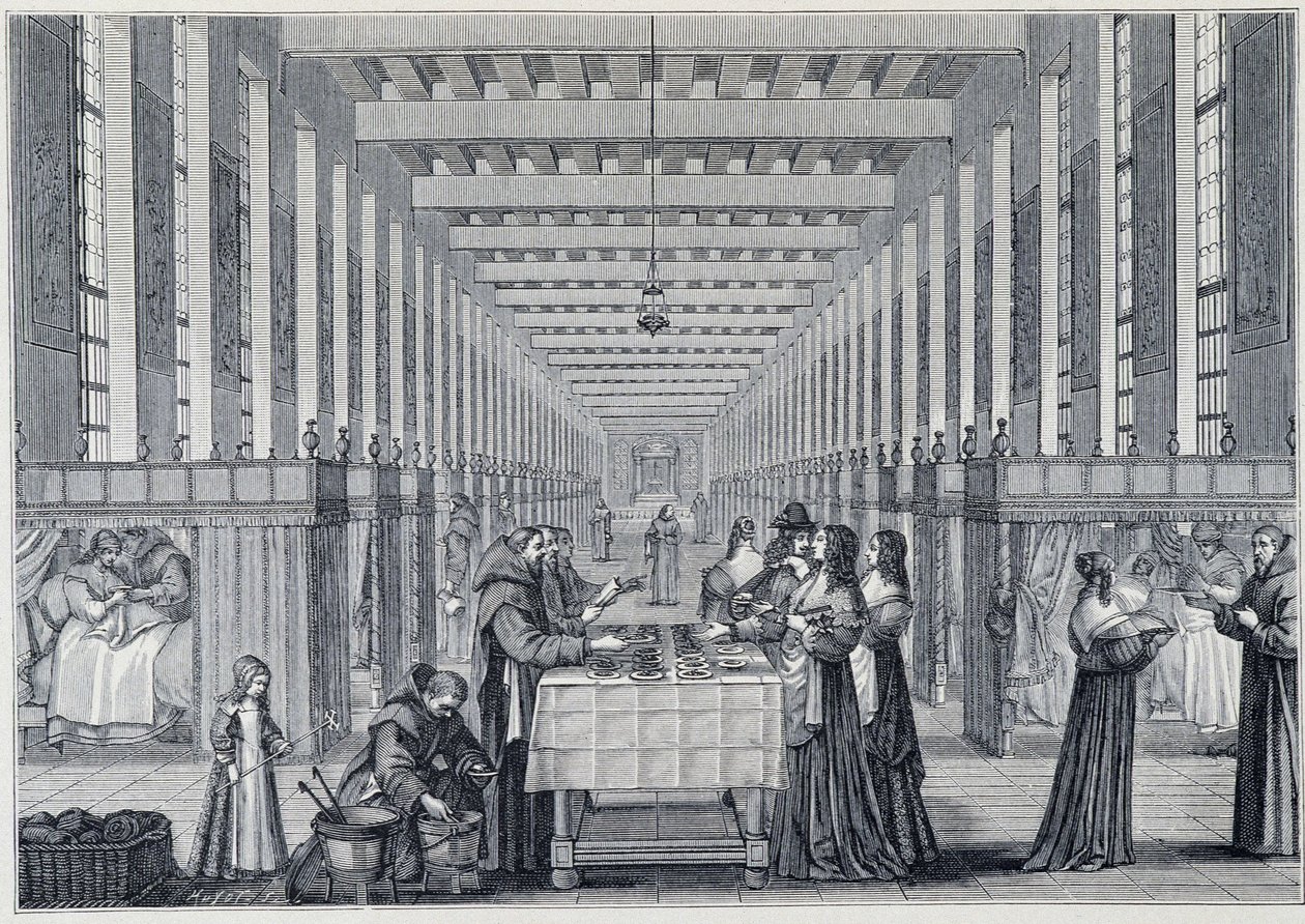 Interieur van de ziekenzaal van het Hôpital de la Charité (ook wel het ziekenhuis van de Frères-de-Saint-Jean-de-Dieu genoemd), in Parijs - Gravure naar Abraham Bosse (1602-1676) - gepubliceerd in 