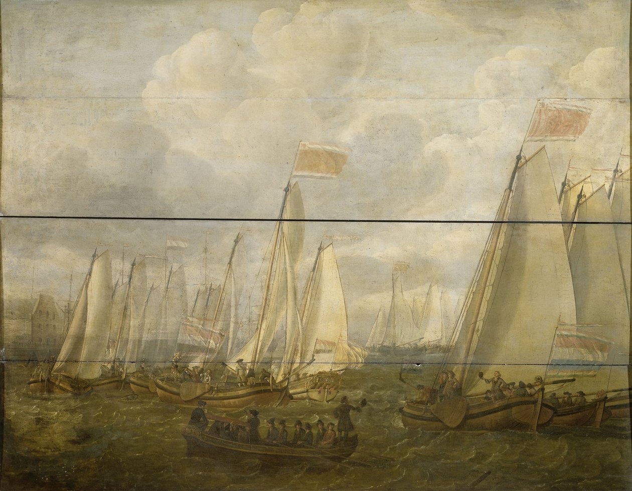 Maritieme optocht op het IJ bij Amsterdam door Abraham  Alewijn