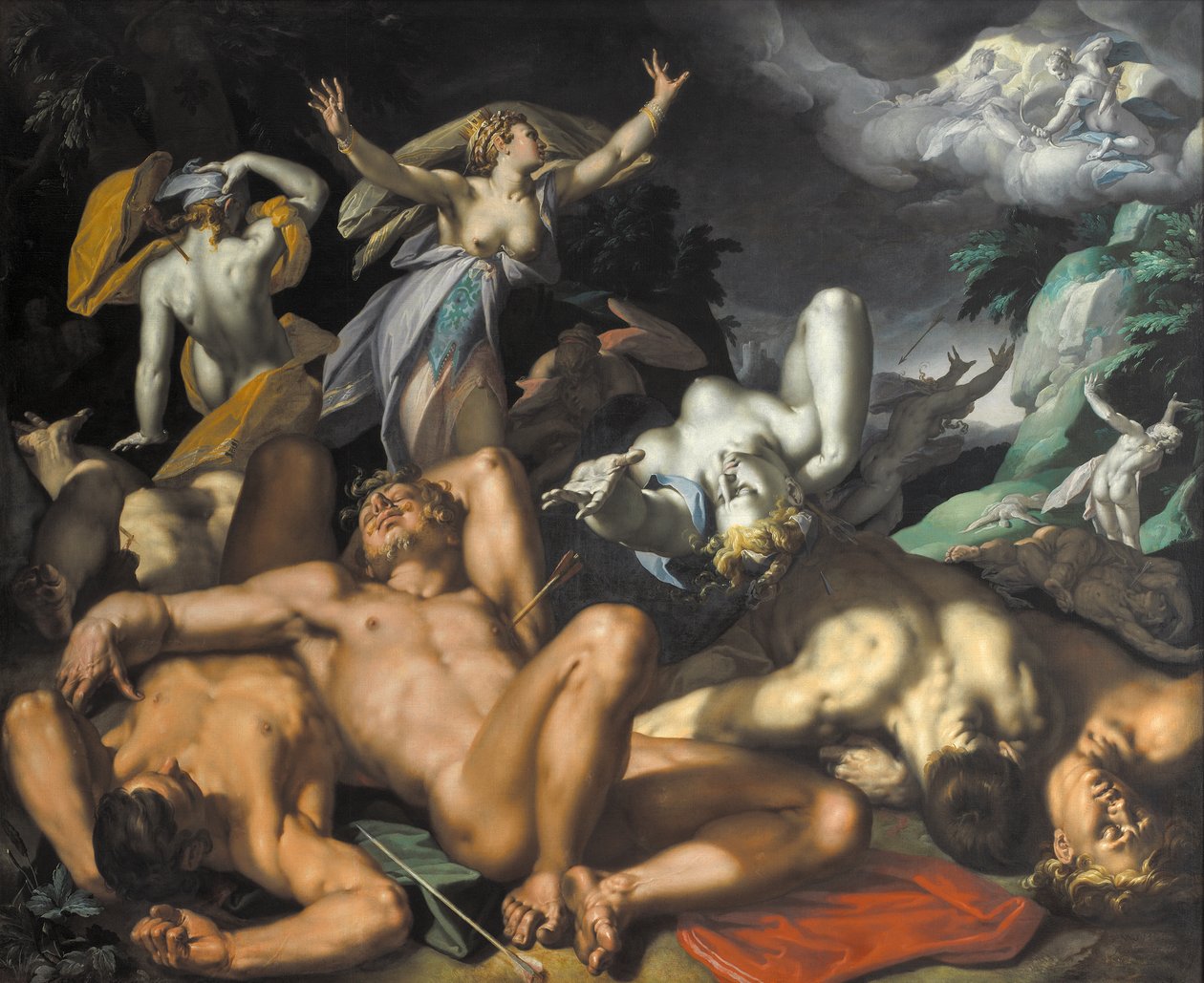 Deens: Apollo en Diana straffen Niobe door haar kinderen te doden Apollo en Diana straffen Niobe door haar kinderen te doden door Abraham Bloemaert