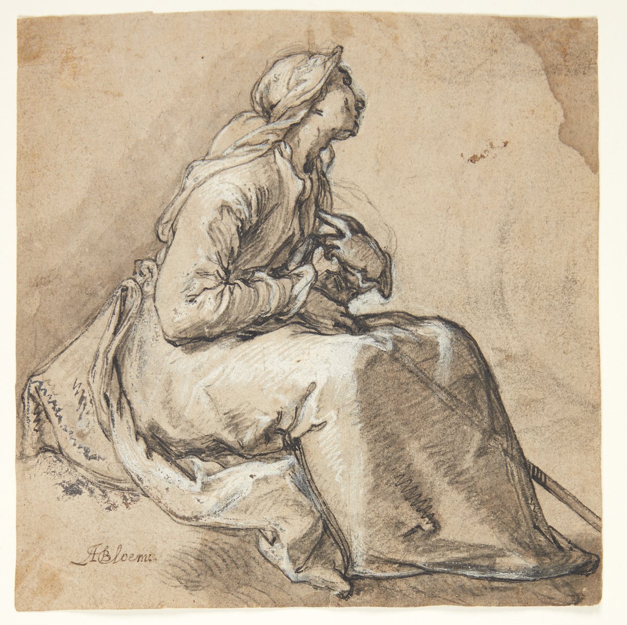 Een zittende vrouw naar rechts gericht, in een nederige biddende houding door Abraham Bloemaert