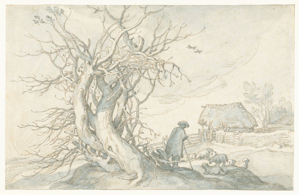 Herder met schapen bij een dode boom door Abraham Bloemaert