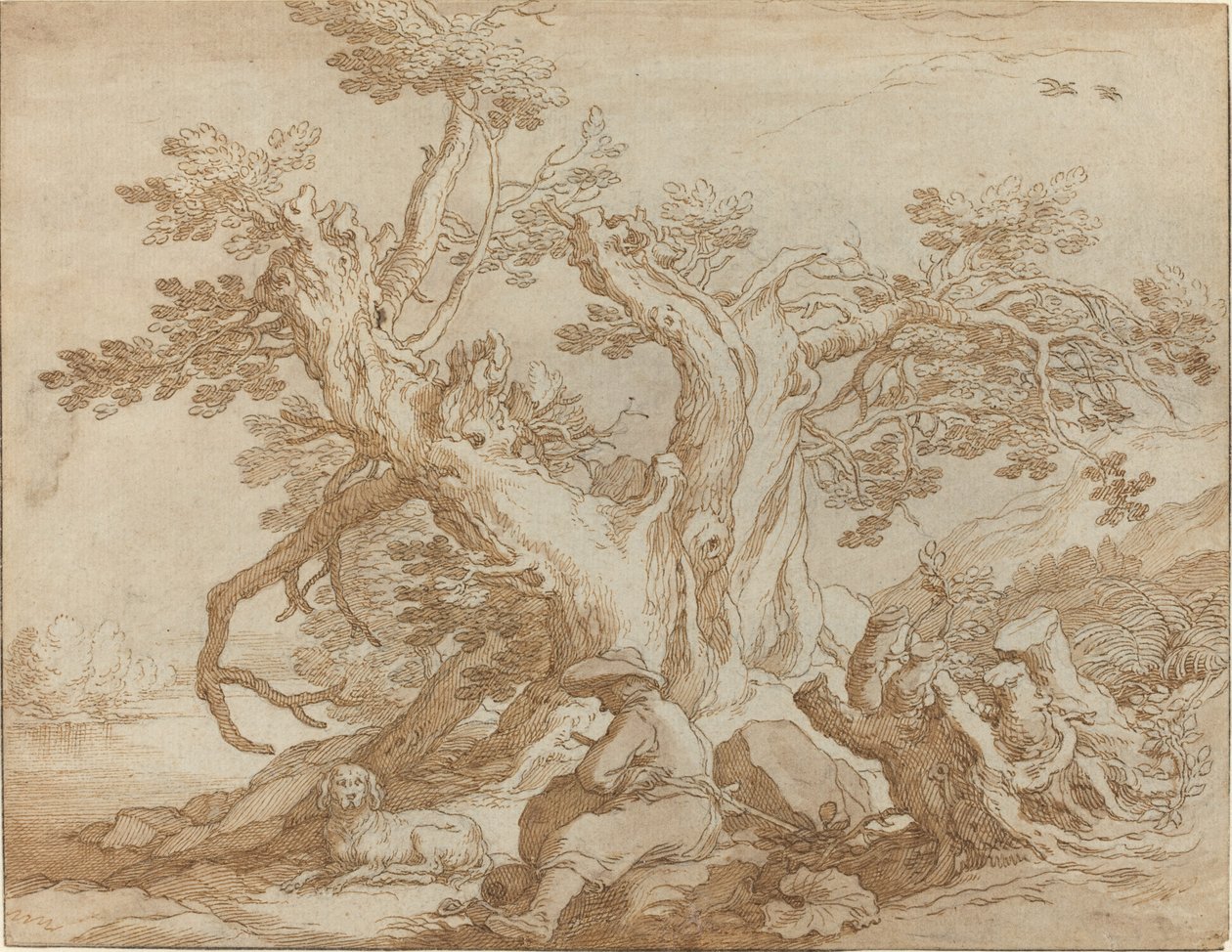 Landschap met zittende figuur en hond door Abraham Bloemaert