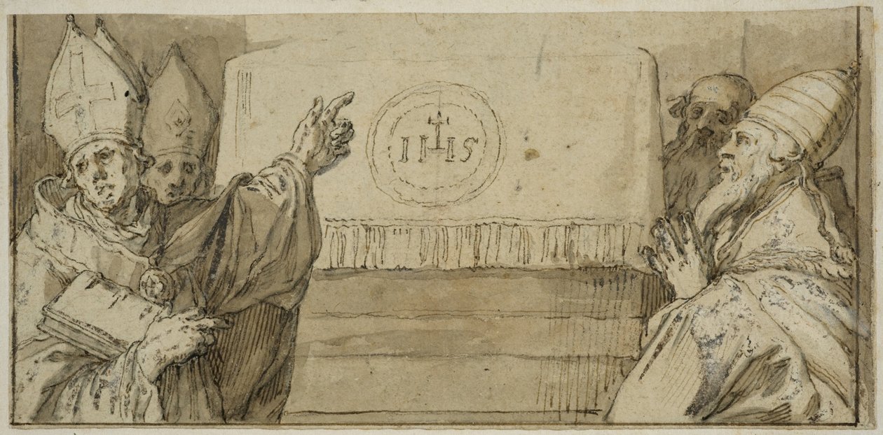 De vier Latijnse kerkvaders voor een altaar door Abraham Bloemaert