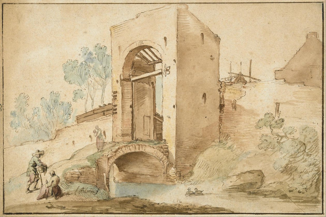 De poort naar een stad door Abraham Bloemaert