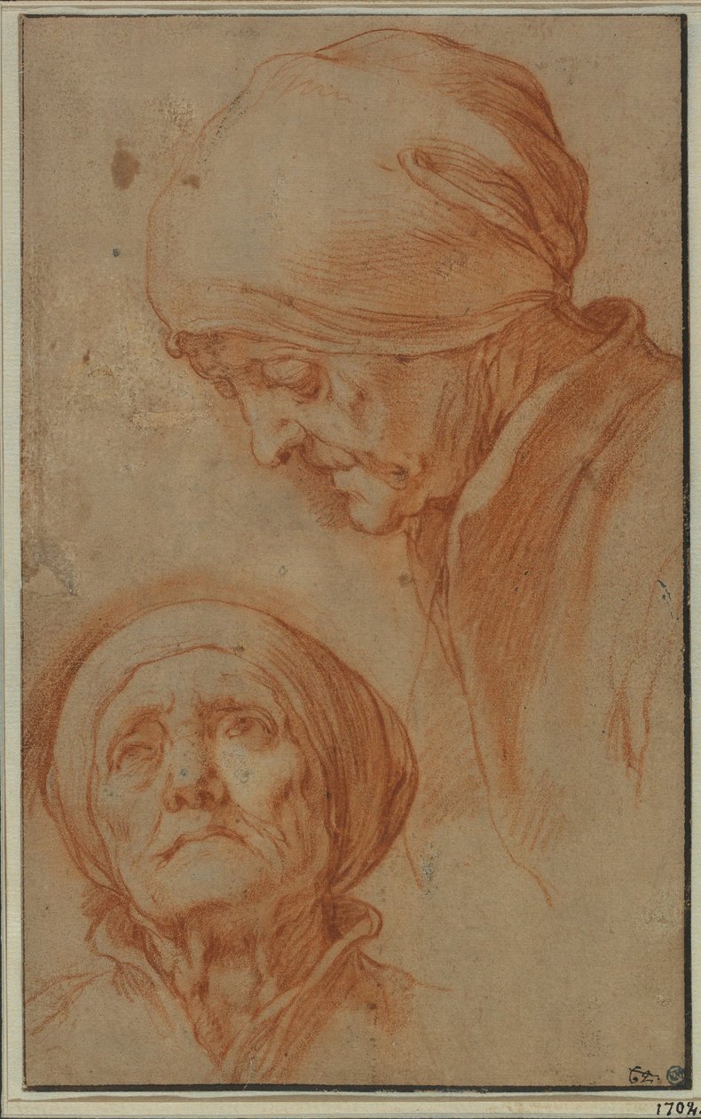 Twee studies naar het hoofd van een oude vrouw door Abraham Bloemaert
