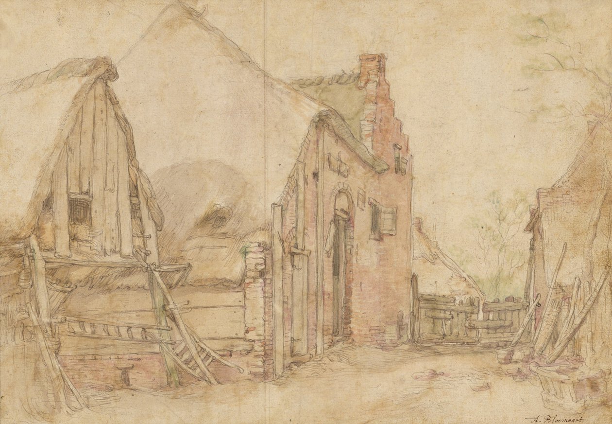 Gezicht op een boerenerf (recto); Studie van een boom (verso) door Abraham Bloemaert