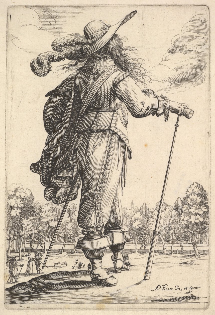 Een heer, van achteren gezien, lopend naar rechts met een wandelstok en een gevederde hoed..., 1629 door Abraham Bosse
