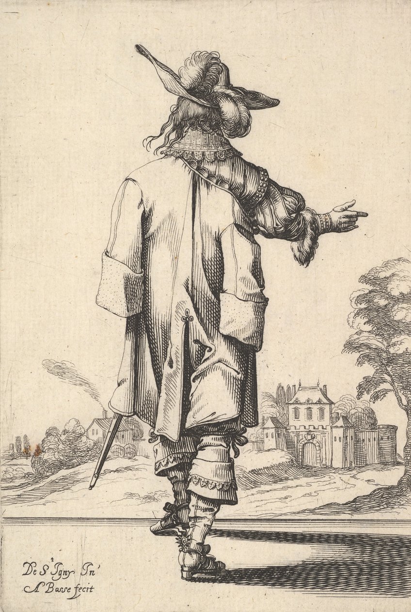 Een heer, gezien van achteren, met zijn rechterarm uitgestrekt en een mantel over zijn linker... , 1629 door Abraham Bosse
