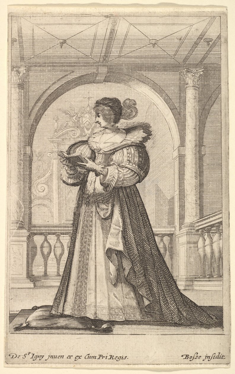 Een vrouw staand, naar links in profiel, met een hoed en een kanten kraag, lezend... door Abraham Bosse