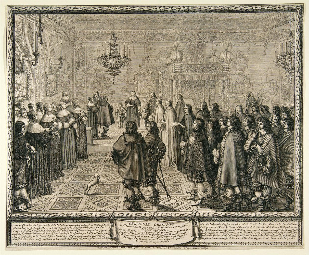 Ceremonie van het huwelijkscontract van Władysław IV en Marie Louise Gonzaga in Fontainebleau. door Abraham Bosse