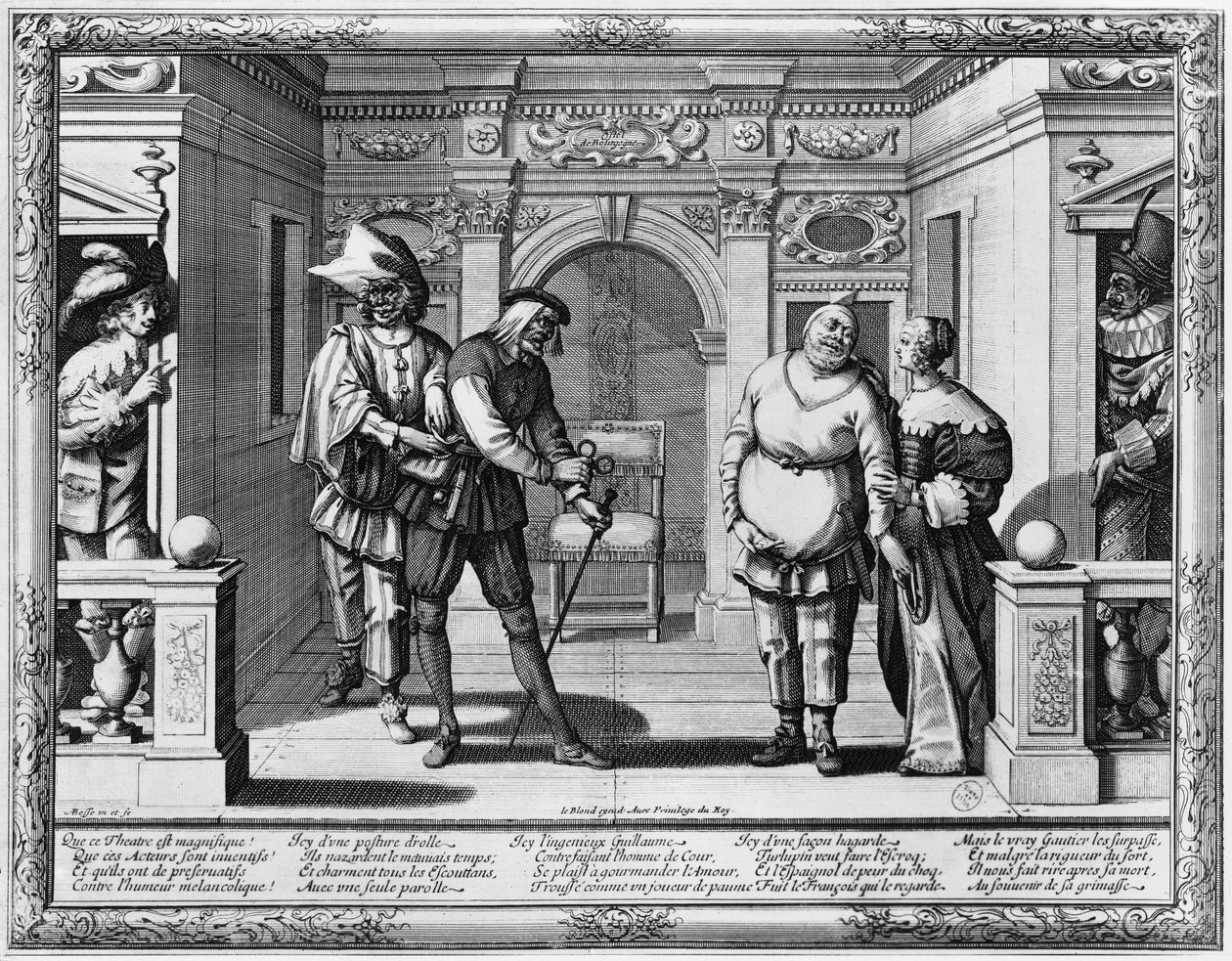 Komieken in het theater van Hotel de Bourgogne door Abraham Bosse