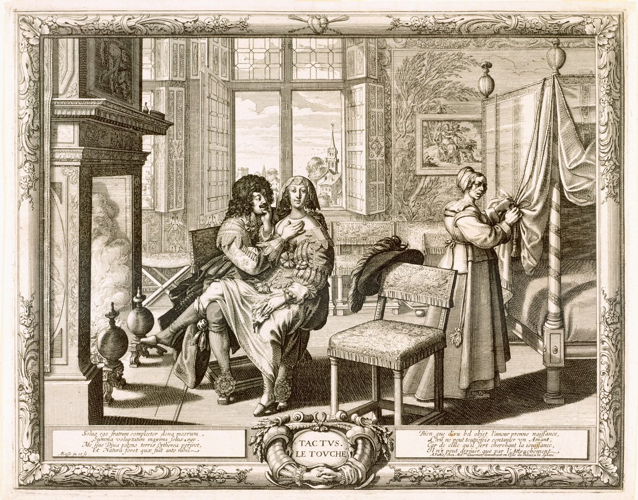 Echtgenoot met vrouw op schoot bij de open haard, Bosse, Abraham (1602-76) door Abraham Bosse