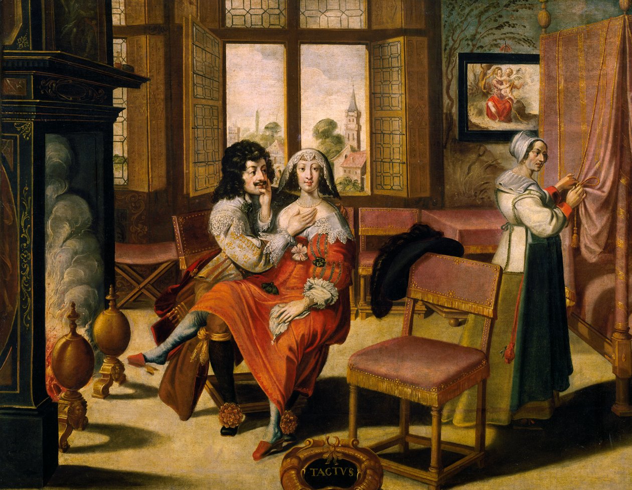 Het gevoel van aanraking, ca. 1635, door Abraham Bosse (1604-1676), naar schilderij uit serie van 5 door onbekende kunstenaar, Frankrijk door Abraham Bosse