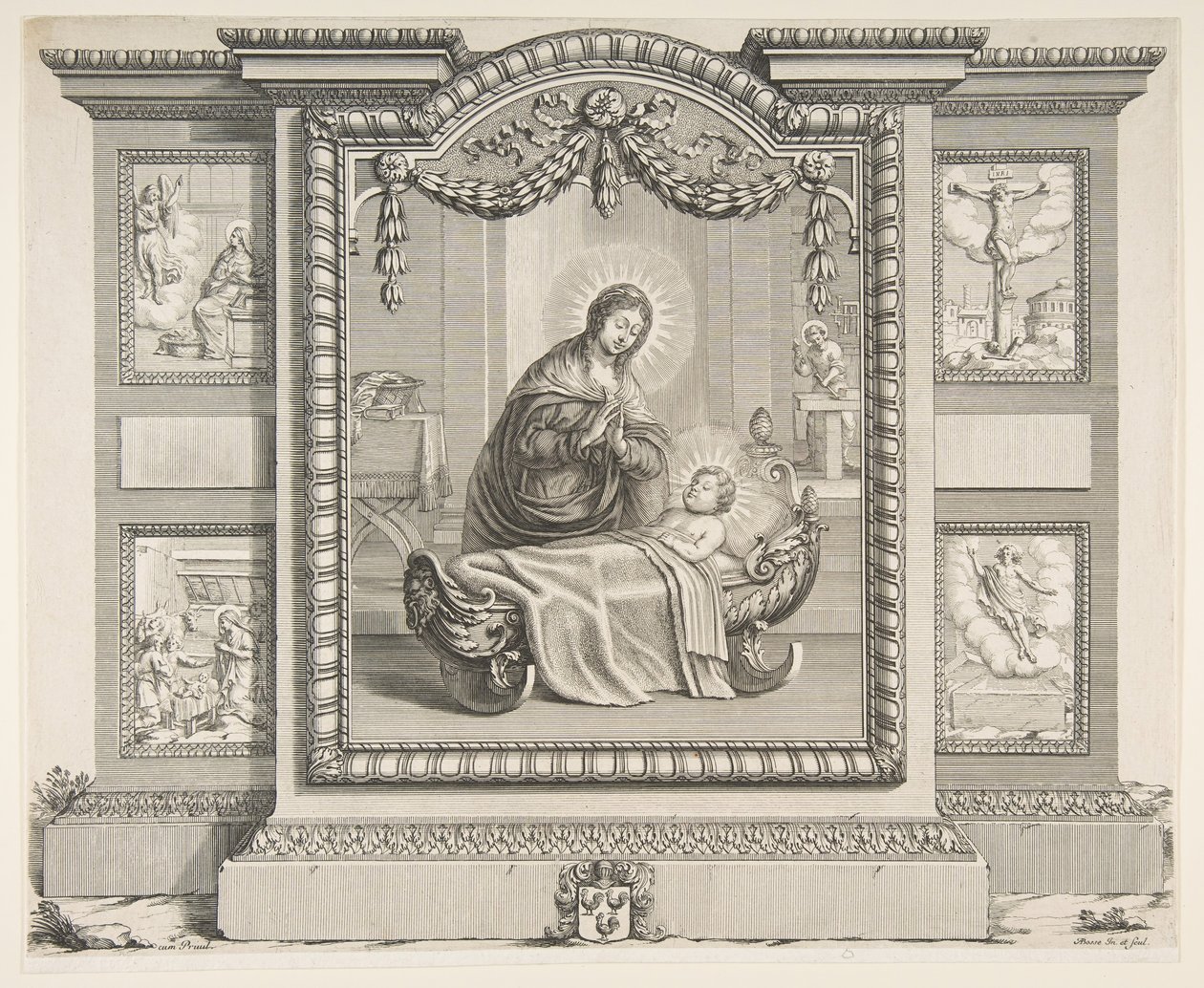De Geboorte met Scènes van De Aankondiging, De Aanbidding van de Herders, De Kruisiging, 1620-76 door Abraham Bosse
