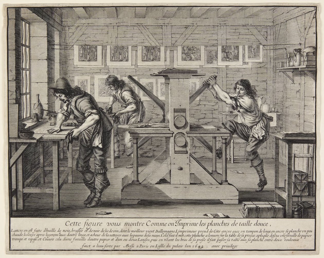 The Printing of Copper Plates (De kopergravure-drukker) door Abraham Bosse