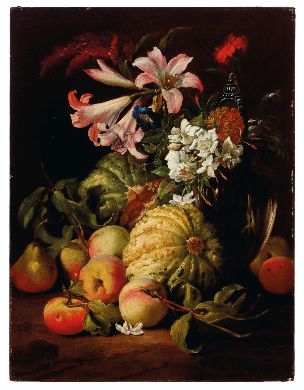 Lelies en andere bloemen in een glazen vaas met perziken en meloenen door Abraham Brueghel
