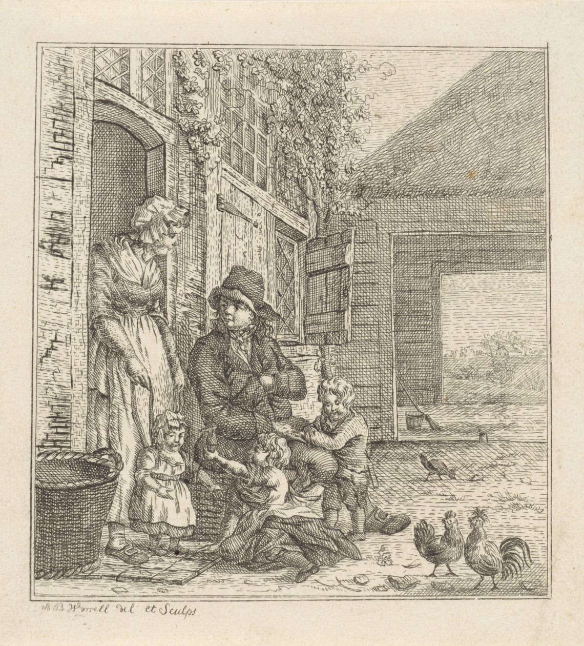 Man en vrouw met kinderen bij een deuropening door Abraham Bruinings Worrel