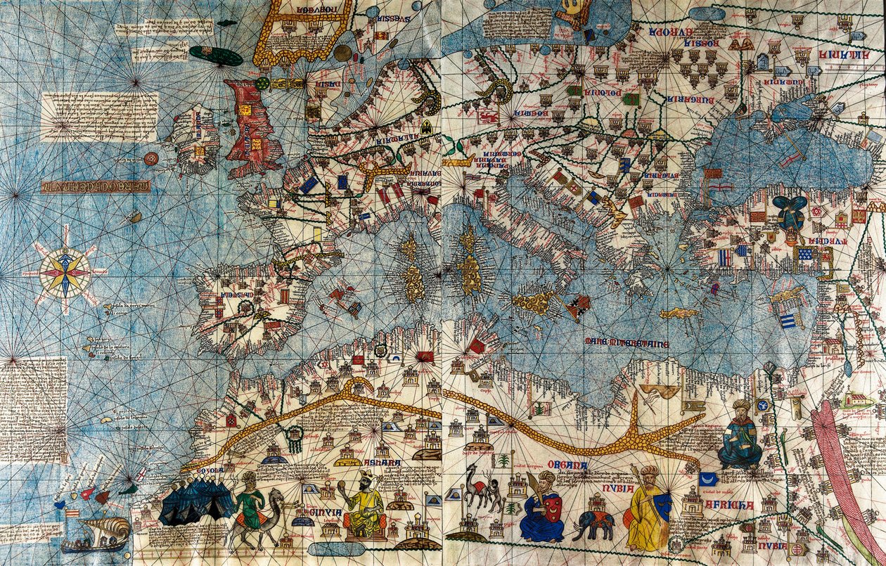 Catalaanse kaart van het Europese continent met de Atlantische en de Middellandse Zee door Abraham and Cresques Jehuda Cresques