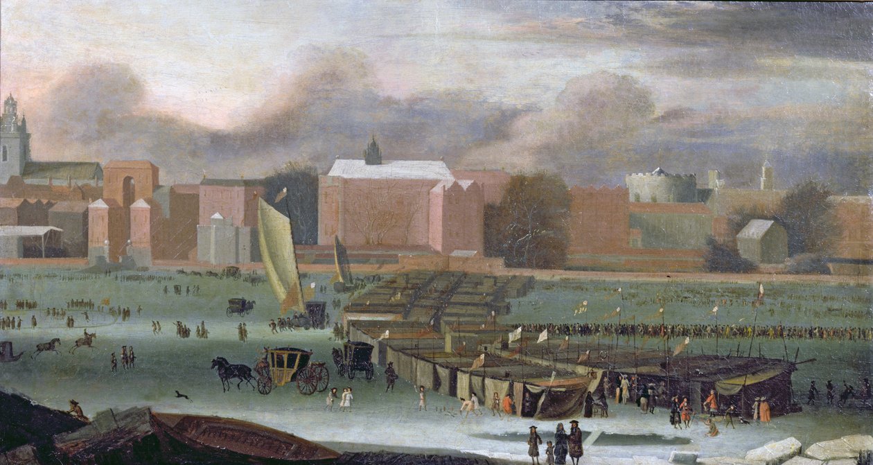 Een vorstmarkt op de Theems bij Temple Stairs, c.1684 door Abraham Danielsz. Hondius
