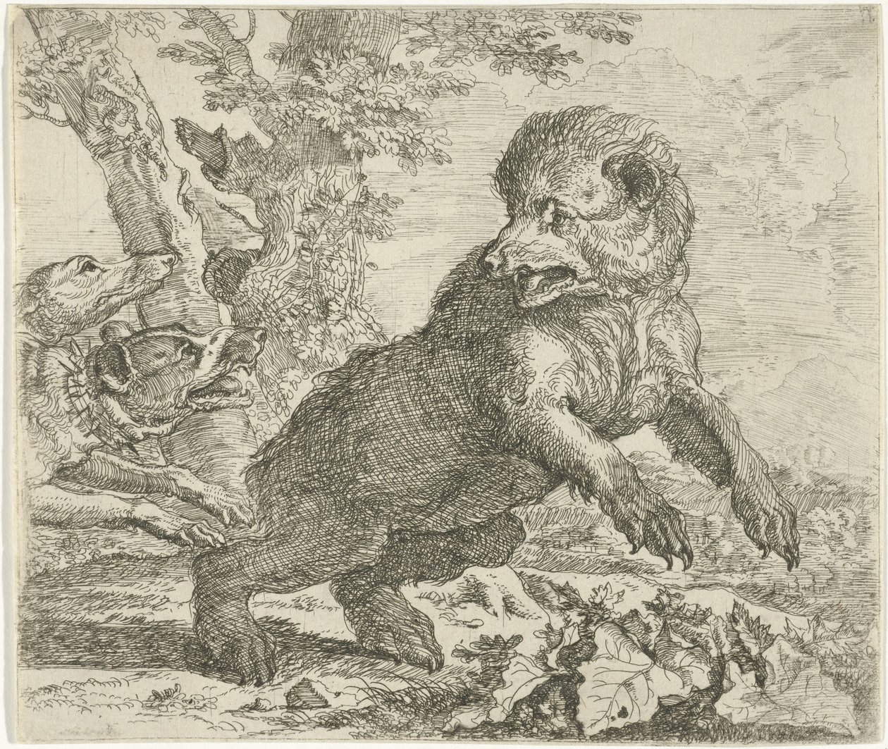 Beer aangevallen door honden door Abraham Danielsz. Hondius