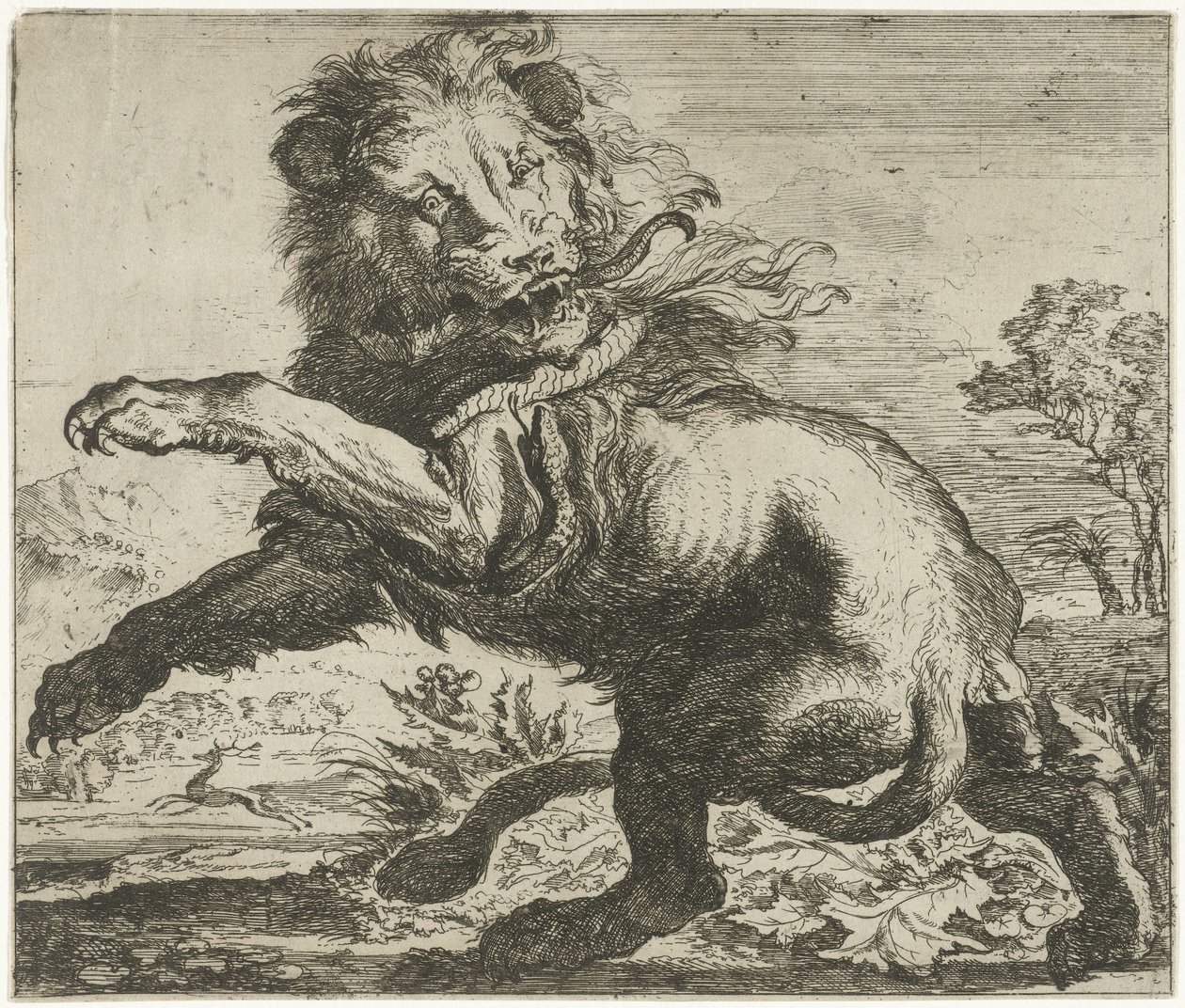 Leeuw en slang in gevecht door Abraham Danielsz. Hondius
