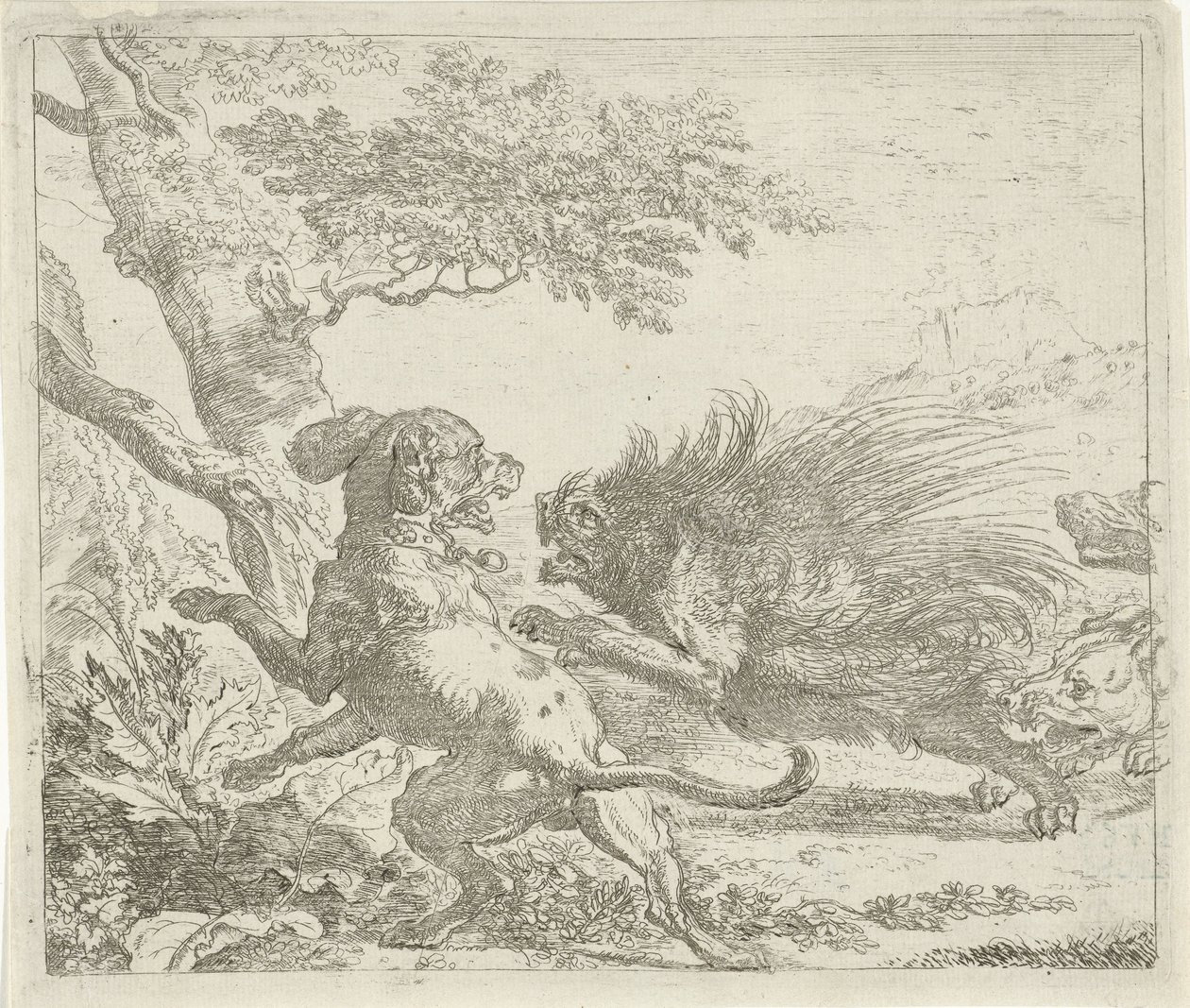 Stekelvarken door honden aangevallen door Abraham Danielsz. Hondius
