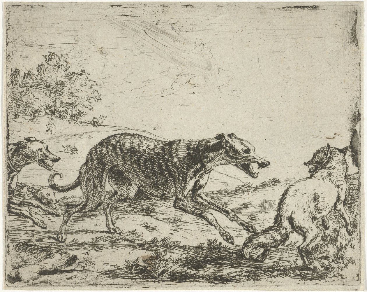 Vos en de drie honden door Abraham Danielsz. Hondius