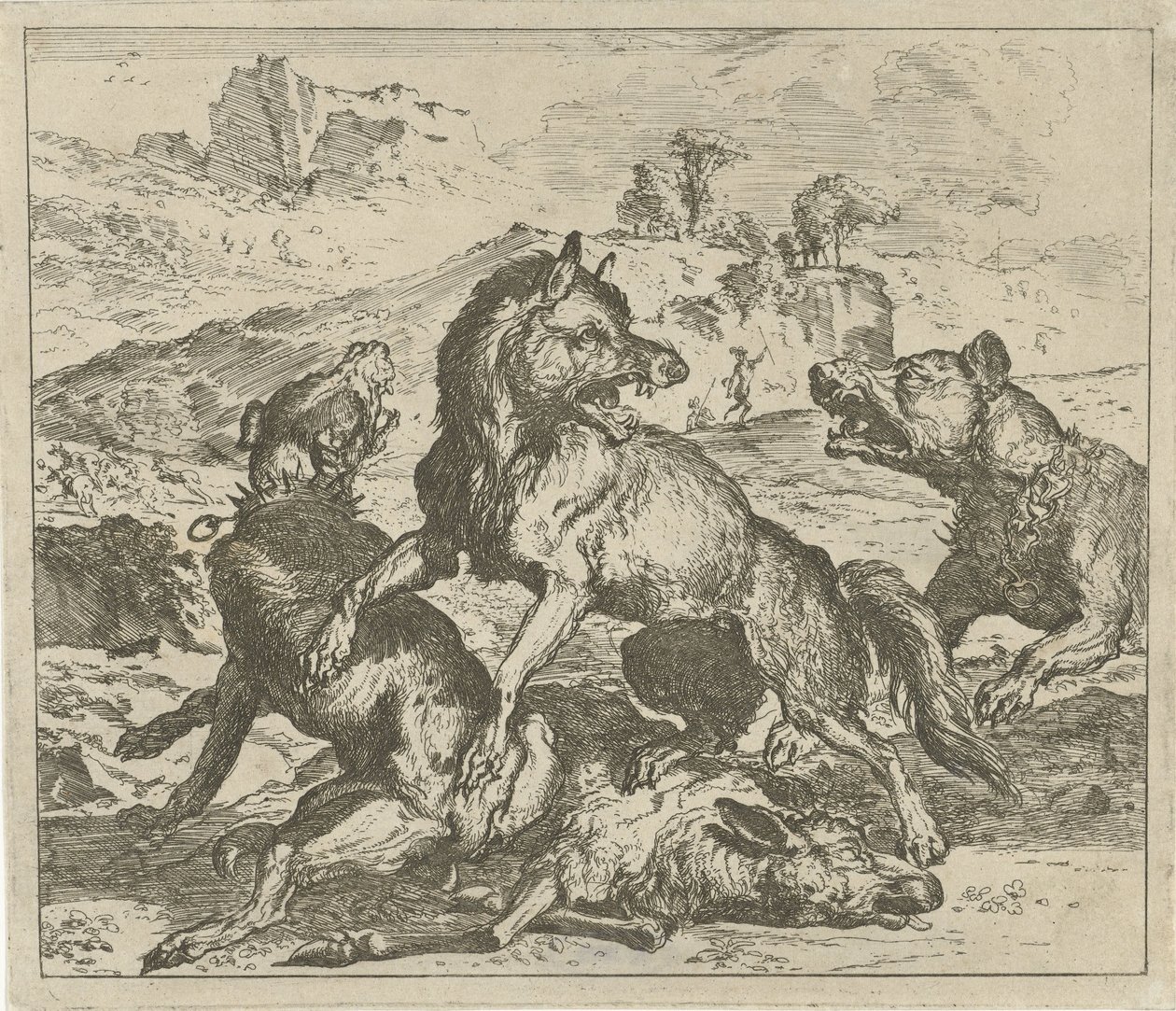 Wolf aangevallen door honden door Abraham Danielsz. Hondius