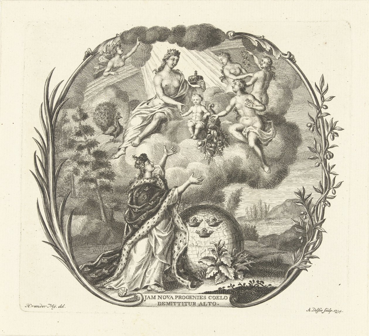Allegorie op de geboorte van een kind met Juno en Overvloed door Abraham Delfos